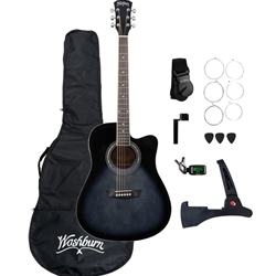 Washburn Okoume Body Dreadnought Acoustic / Electric Guitar Pack With Built-In Tuner, Transparent Black Burst